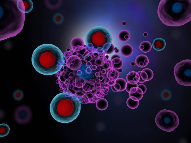 3D-rendered illustration of T-cells from the immune system targeting and attacking a growing cancer cell.