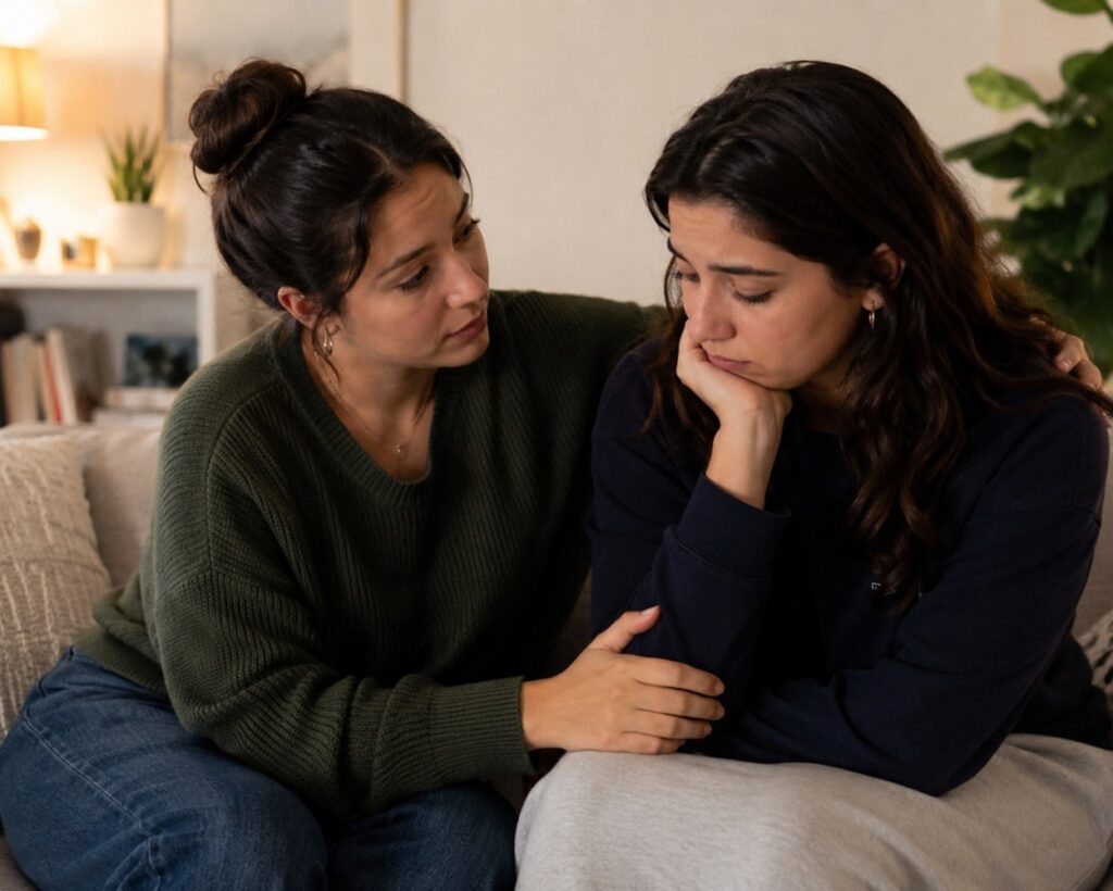 Friend offering emotional support to a loved one diagnosed with cancer during a compassionate conversation in Pune