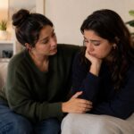 Friend offering emotional support to a loved one diagnosed with cancer during a compassionate conversation in Pune