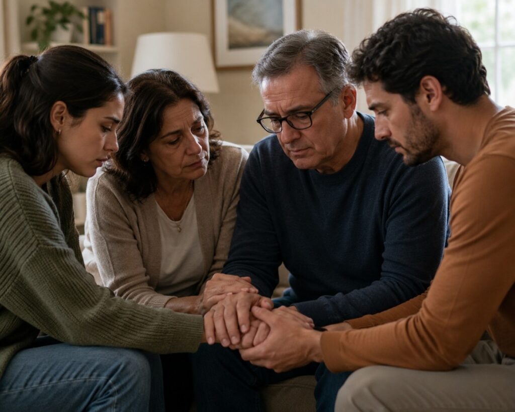 Patient discussing a cancer diagnosis with family members in a supportive and compassionate home setting.