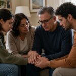Patient discussing a cancer diagnosis with family members in a supportive and compassionate home setting.