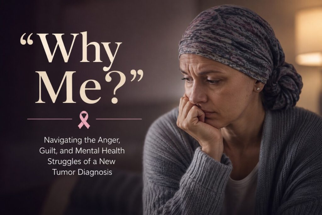 Person sitting thoughtfully after receiving a tumor diagnosis, reflecting emotional challenges such as anxiety, anger, and uncertainty