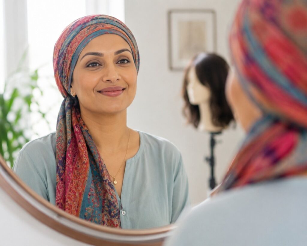 Infographic showing four essential scalp care tips for patients experiencing hair loss during chemotherapy.